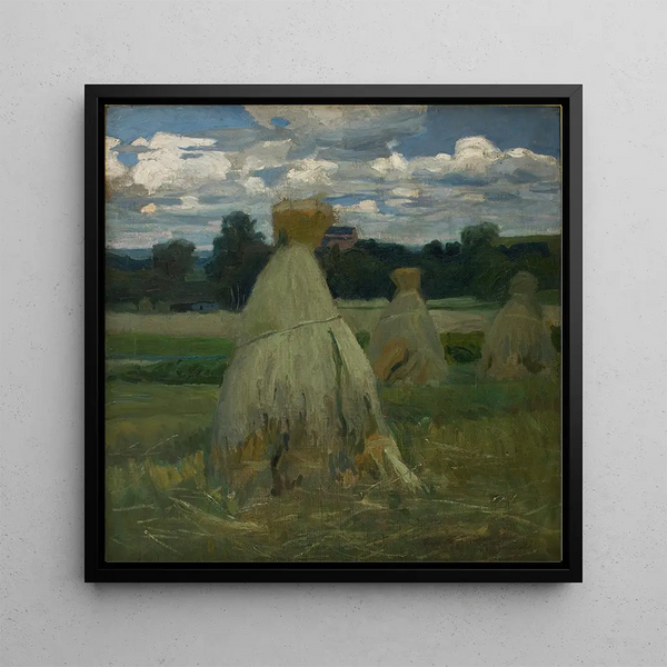 Meules de maïs dans un paysage - Stanisław Kamocki — framed artwork on a wall