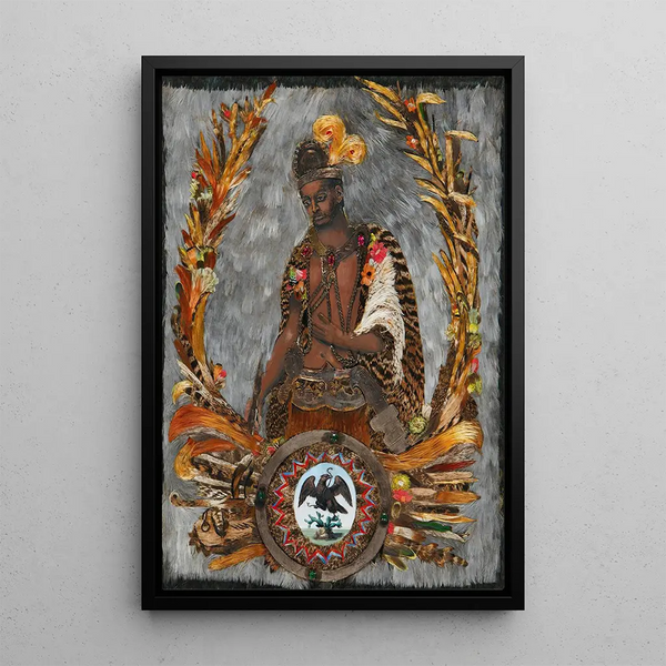 Allégorie de la patrie with portrait of Emperor Moctezuma - Mexican School — framed artwork on a wall
