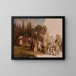 a family of nobles and a monk - Michał Elwiro Andriolli — framed artwork on a wall