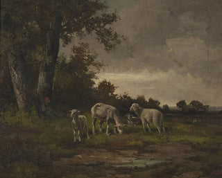Sheep in the meadow at the edge of the forest - Michał Elwiro Andriolli — artwork view