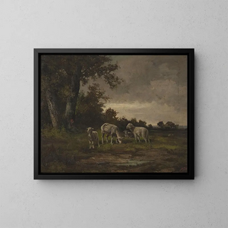 Sheep in the meadow at the edge of the forest - Michał Elwiro Andriolli — framed artwork on a wall