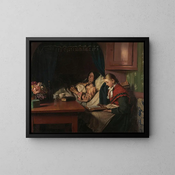 By the grandmother's bed - Michael Ancher — framed artwork on a wall