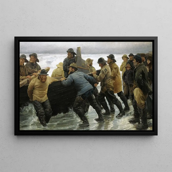 Fishermen Launching a Boat - Michael Ancher — framed artwork on a wall