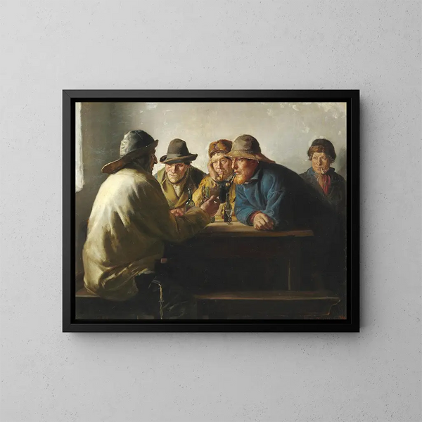 Fishermen around a table drinking a glass after work - Michael Ancher — framed artwork on a wall