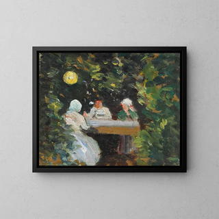 Ensemble dans le jardin un soir d'été sous la lampe - Michael Ancher — framed artwork on a wall