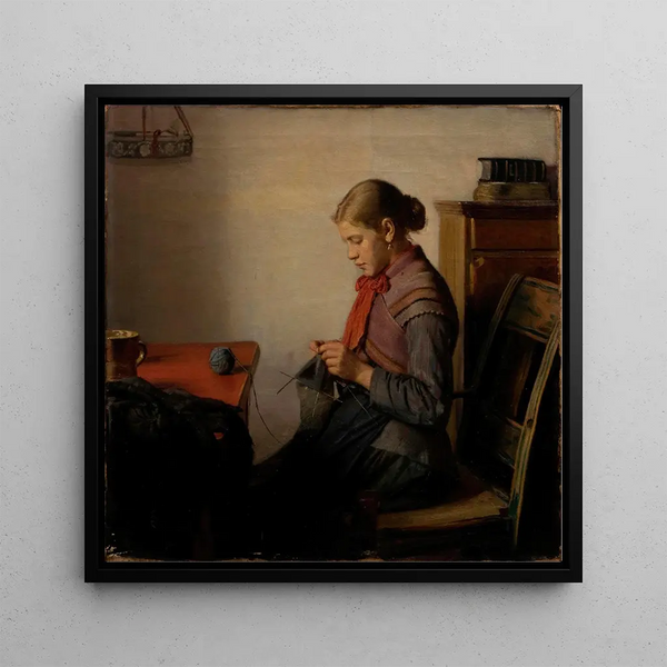 Girl of Skagen Maren Sofie knitting - Michael Ancher — framed artwork on a wall