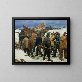 The lifeboat is carried across the dunes - Michael Ancher — framed artwork on a wall