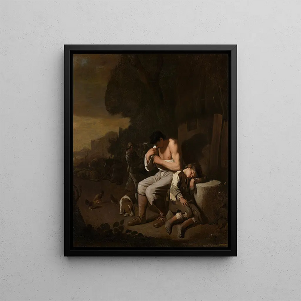 A Sleeping Boy and a Man Dealing with Fleas - Michael Sweerts — framed artwork on a wall