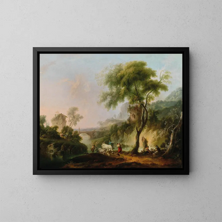 a Mediterranean landscape with shepherds and their flock - Michael Wutky — framed artwork on a wall