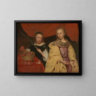 Two Girls in Saint Agnes and Saint Dorothy - Michaelina Wautier — framed artwork on a wall