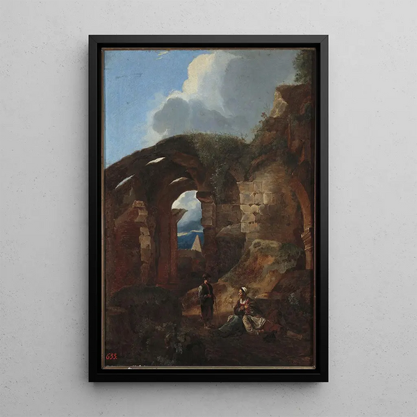 Vagabonds se reposant dans les ruines du Colisée - Michelangelo Cerquozzi — framed artwork on a wall