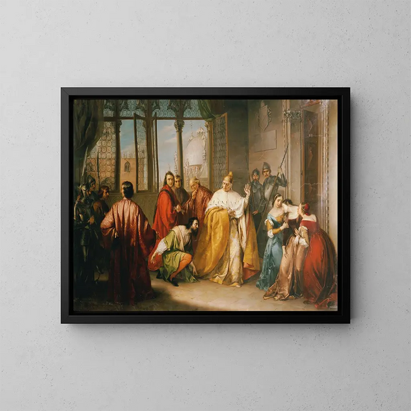 Le Doge Francesco Foscari envoie son fils Giacomo en exil - Michelangelo Grigoletti — framed artwork on a wall