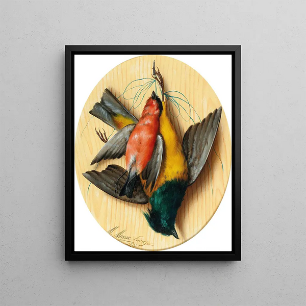 Nature morte aux oiseaux chanteurs - Michelangelo Meucci — framed artwork on a wall