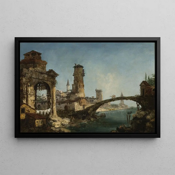 Landscape Painting with Ruins and a Bridge - Michele Marieschi — framed artwork on a wall