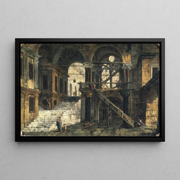 Staircase in a Renaissance House - Michele Marieschi — framed artwork on a wall
