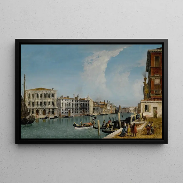 Venice painting, view of the Grand Canal with Ca' Pesaro and Palazzo Foscarini-Giovanelli from the Campiello of Palazzo Gussoni - Michele Marieschi — framed artwork on a wall
