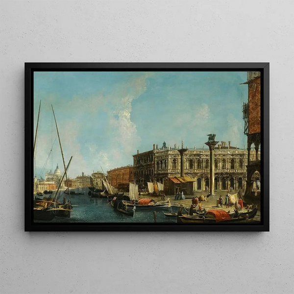 Venice Painting: View of the Mole from the Bacino di San Marco with the Piazzetta and the entrance to the Grand Canal - Michele Marieschi — framed artwork on a wall