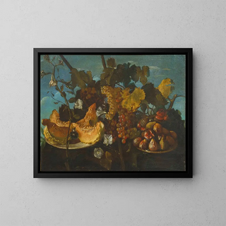Still life with grapes, figs, and a pumpkin - Michele Pace del Campidoglio — framed artwork on a wall