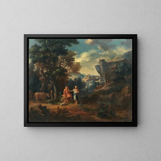 Shepherds in a rocky landscape - Michele Pagano — framed artwork on a wall