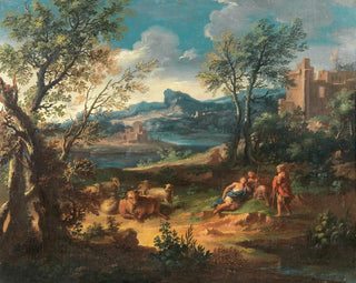 Shepherds resting with their flock near a river - Michele Pagano — artwork view