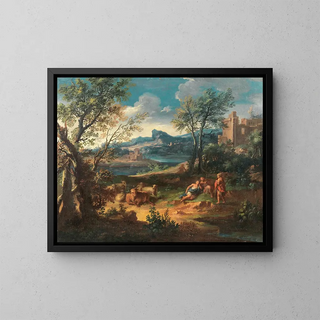 Shepherds resting with their flock near a river - Michele Pagano — framed artwork on a wall