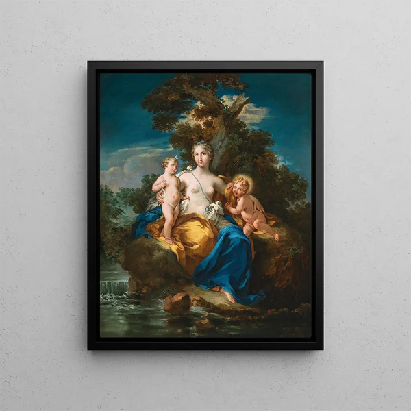 Latone and her children Apollo and Diana in a moonlit landscape - Michele Rocca — framed artwork on a wall