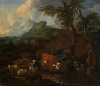 Bergère au repos avec un troupeau dans un paysage méridional - Michiel Carré — artwork view