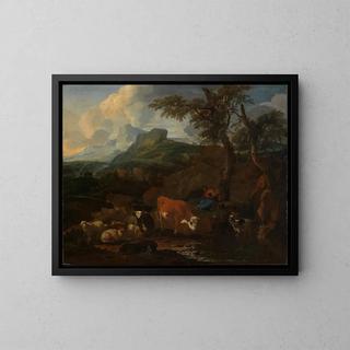 Bergère au repos avec un troupeau dans un paysage méridional - Michiel Carré — framed artwork on a wall