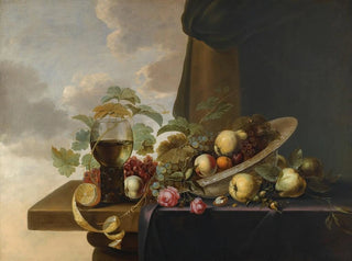 a Still life with grapes, pears, a peach, and roses in a porcelain bowl by Waanli Kraak, with a roemer and a half-peeled lemon on a partially covered tray. - Michiel Simons — artwork view