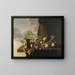 a Still life with grapes, pears, a peach, and roses in a porcelain bowl by Waanli Kraak, with a roemer and a half-peeled lemon on a partially covered tray. - Michiel Simons — framed artwork on a wall