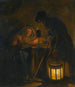 a painting titled "An interior with an old woman reading by candlelight and a man holding a lantern" by Michiel Versteegh — artwork view