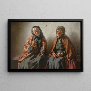 Women praying on the porch - Mieczysław Reyzner — framed artwork on a wall