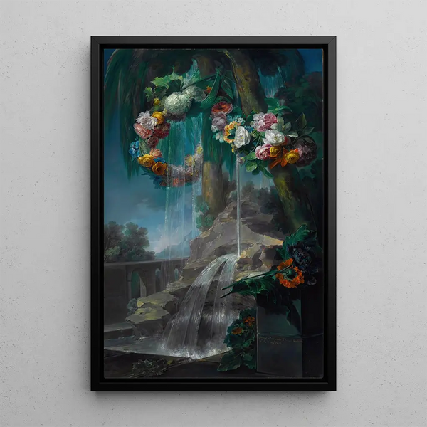 Outdoor scene painting with a spring flowing into a basin, flower garlands, and a distant aqueduct - Miguel Parra Abril — framed artwork on a wall
