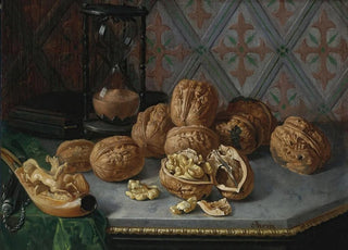 Miguel Parra Abril - Still Life With Wallnuts A Pipe And Hourglass On A Grey Marble Ledge.webp