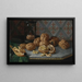 Nature morte with walnuts, pipe, and hourglass on a gray marble ledge - Miguel Parra Abril — framed artwork on a wall