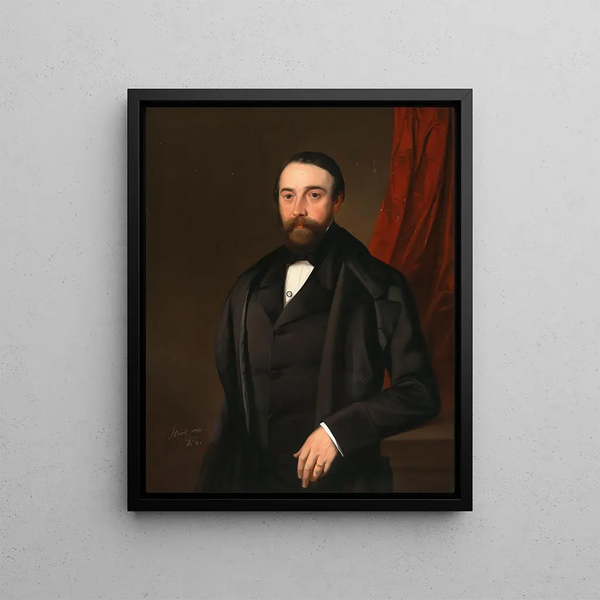 Portrait of a gentleman in front of a red curtain - Mihael Stroj — framed artwork on a wall