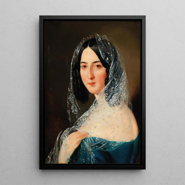 Portrait painting of a lady with a white lace veil - Mihael Stroj — framed artwork on a wall
