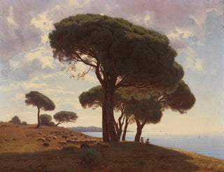 Coastal landscape painting of the south with a flock of sheep - Mikhail Spiridonovich Erassi — artwork view