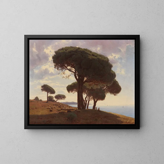 Coastal landscape painting of the south with a flock of sheep - Mikhail Spiridonovich Erassi — framed artwork on a wall