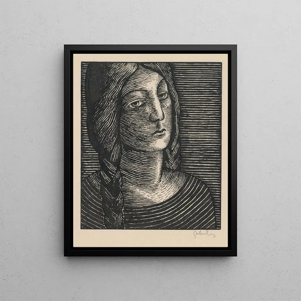 Head of a woman with long braids - Mikuláš Galanda — framed artwork on a wall