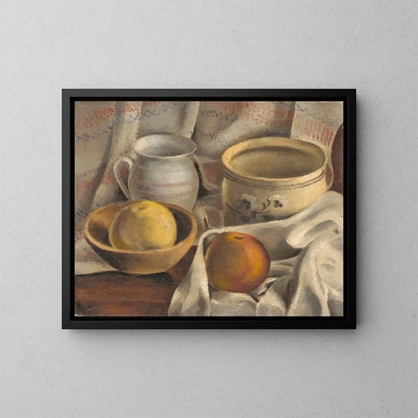 Still life with ceramic pots and apples - Mikuláš Galanda — framed artwork on a wall