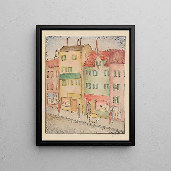Street with a pastry shop - Mikuláš Galanda — framed artwork on a wall