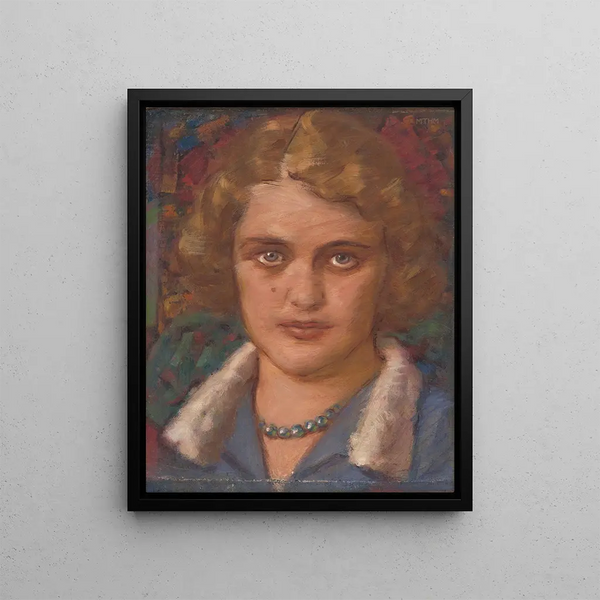 Portrait painting of a girl with pearls - Milan Thomka Mitrovský — framed artwork on a wall