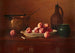 Nature morte with peaches, brass pot, green jug, and wine bottle on dresser - Milne Ramsey — artwork view