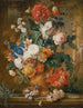 Peonies, roses, carnations, irises, anemones, auriculas, and other flowers in a terracotta vase - Mélanie de Comolera — artwork view
