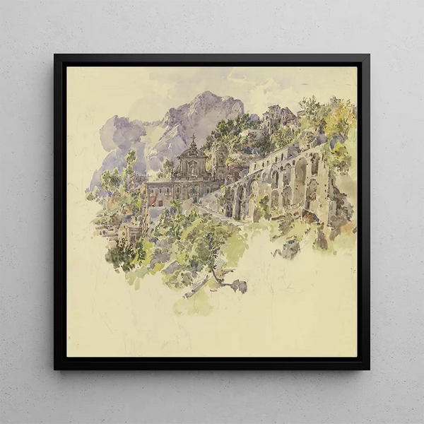 Monastery in the mountain with large terraces and stairs - Johann Nepomuk Rauch — framed artwork on a wall