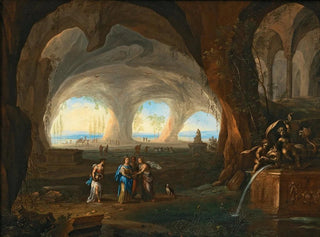 Interior cave painting with women in antique costumes near a fountain - Monogramist MM — artwork view