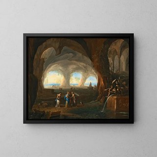 Interior cave painting with women in antique costumes near a fountain - Monogramist MM — framed artwork on a wall