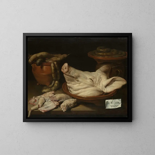 Still life with a pig's head, pig's legs, and sausage - Monogrammist JVR — framed artwork on a wall