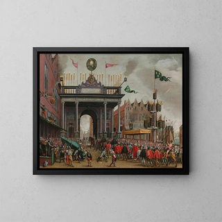 Joyful Entry of the Duke of Anjou in Antwerp on February 19, 1582 - Monogramist MHVH — framed artwork on a wall